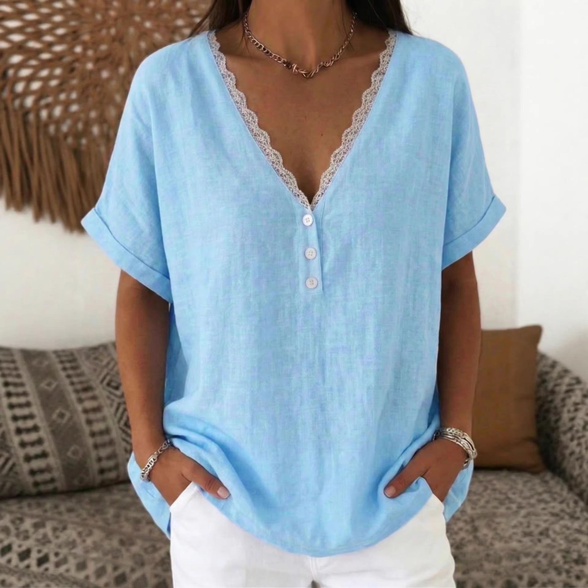 

Women V Neck Short Sleeve Blouse with Lace Trim Solid Color Casual Loose Fit Summer Top S небесно-голубой