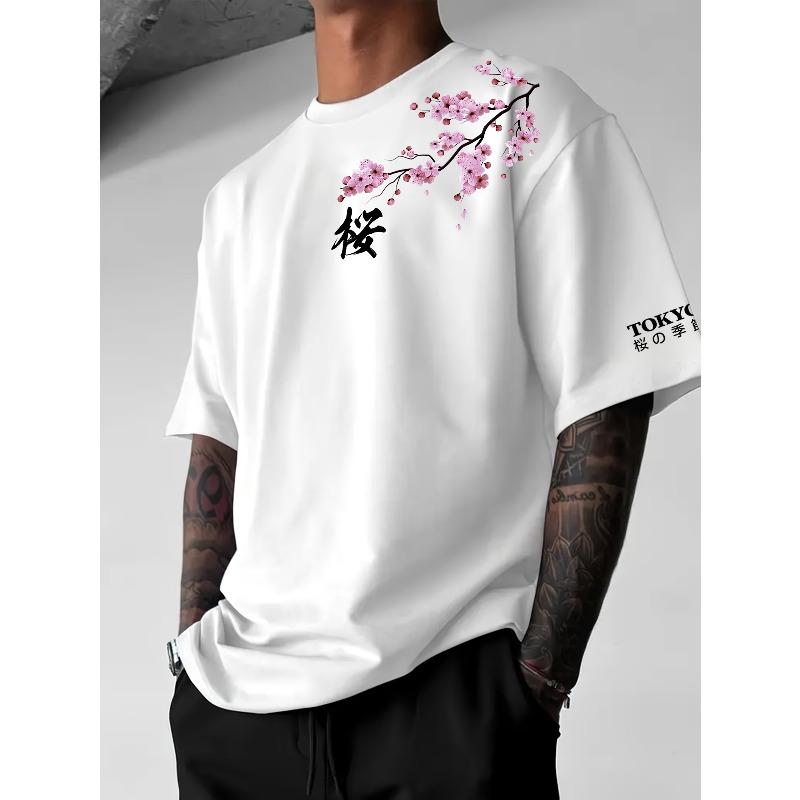 Cherry Blossom Branch with Kanji Graphic Print 100 Cotton Unisexs T Shirt for Summer Casual Wear Delicate Japanese Aesthetic