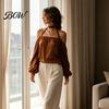 Breathable Women Shirts Summer Off-Shoulder Shirt, Long Sleeve Casual Halter Top, Shirt Solid Color Loose Satin Blouse for Daily Office