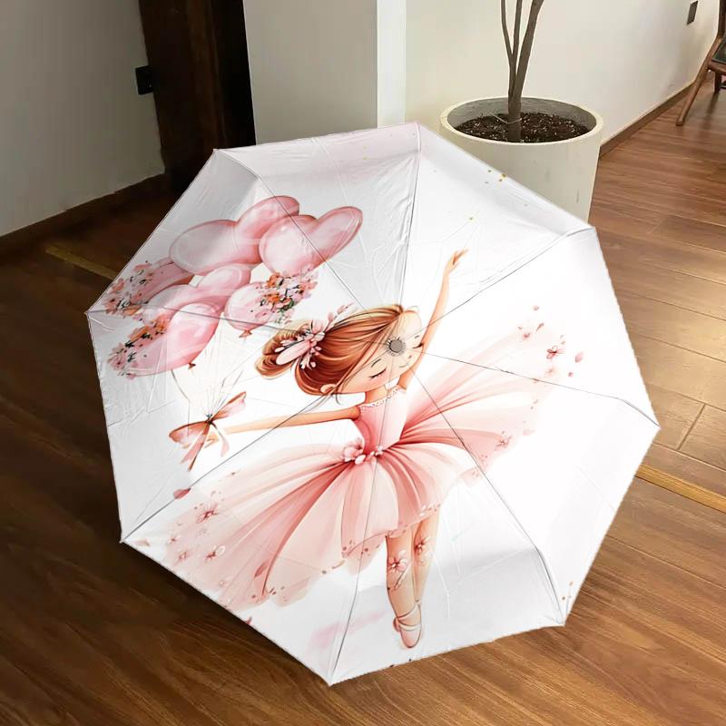 

Pink Flower Balloon Ballet Girl Automatic Opening/Closing Umbrella - Portable Three-Fold Design with Iron Frame for Outdoor Use, Perfect Gif