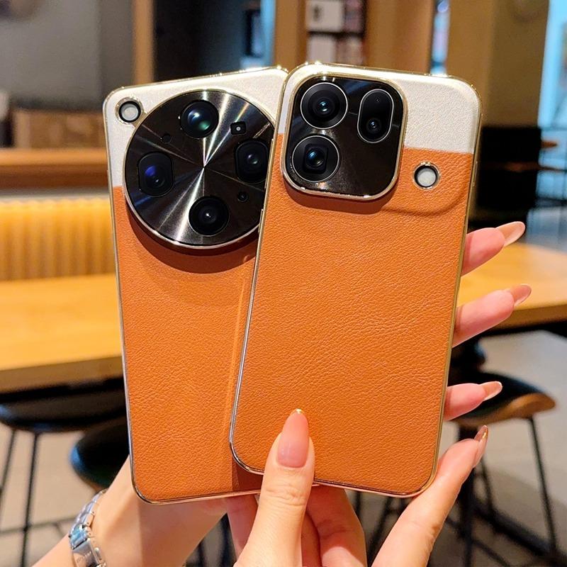 Splicing Faux Leather Case for OPPO Find X9 Ultra Find X9s Pro, Ultra-thin Full Cover Electroplated Gold Bumper Phone Shell