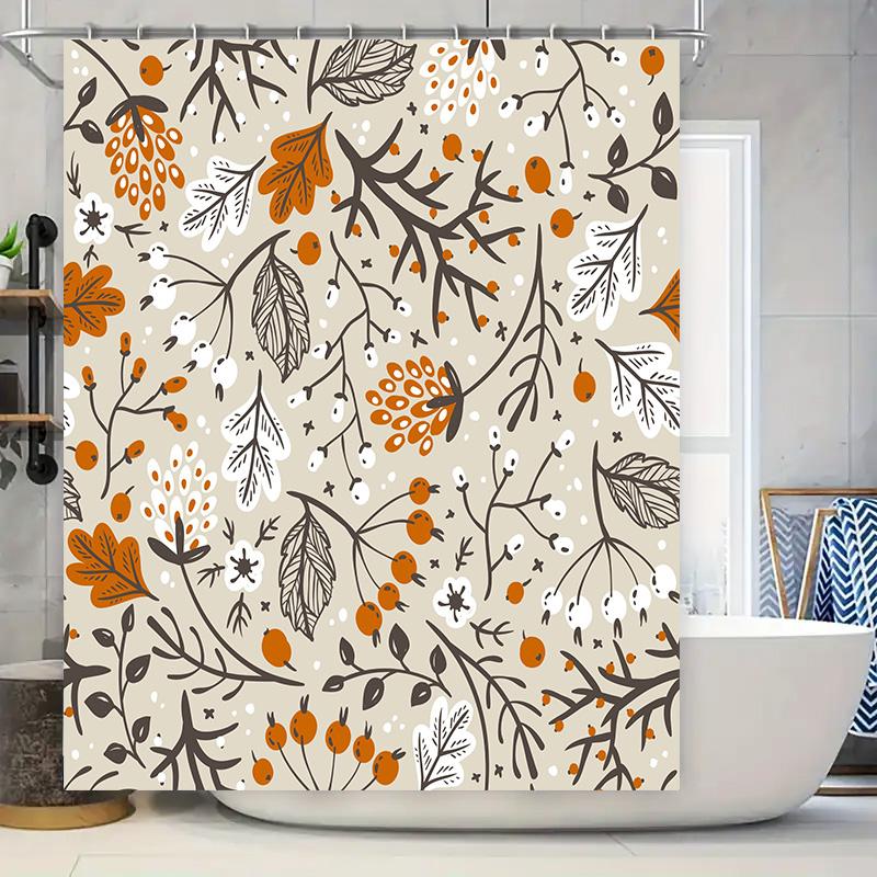 Natural Fall Leaves Shower Curtain Bathroom Decor, Autumn Style, Black White Floral Print Waterproof Fabric Decorative Liner for