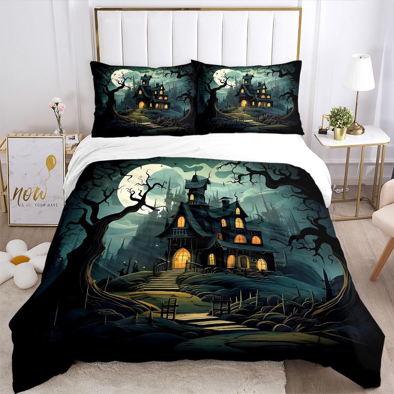 3pc Haunted House Moonlit Night Cover Set - 1 Quilt Cover + 2 Pillowcases, All Seasons Bedroom Setting, Perfect for Home068