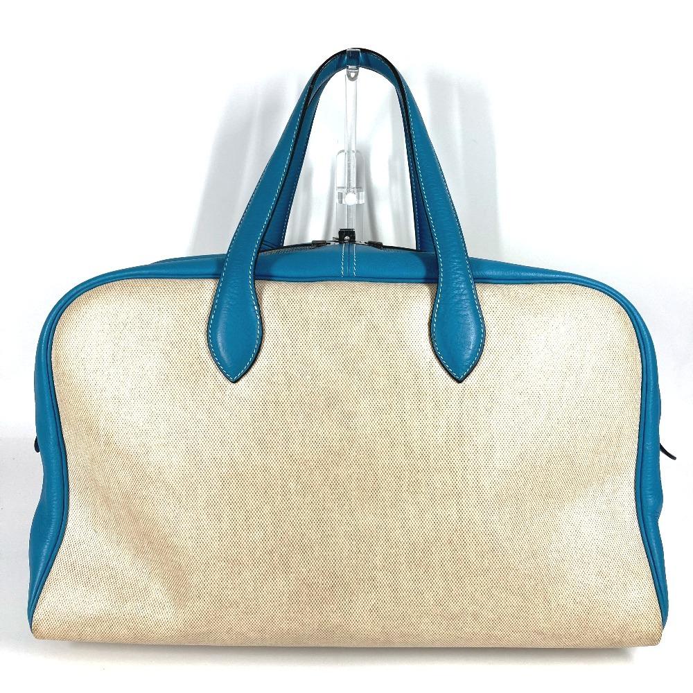 HERMES Victoria 43 Boston Bag Hand Bag Toile H / Leather Blue gene blue/Beige