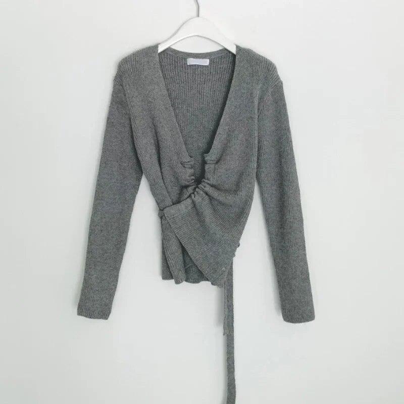 Podzimní korejský ležérní svetr Dámské Šňůrka Úzký Dlouhý rukáv Módní Svetr Design Cardigan Pletené zboží Elegantní topy 30319