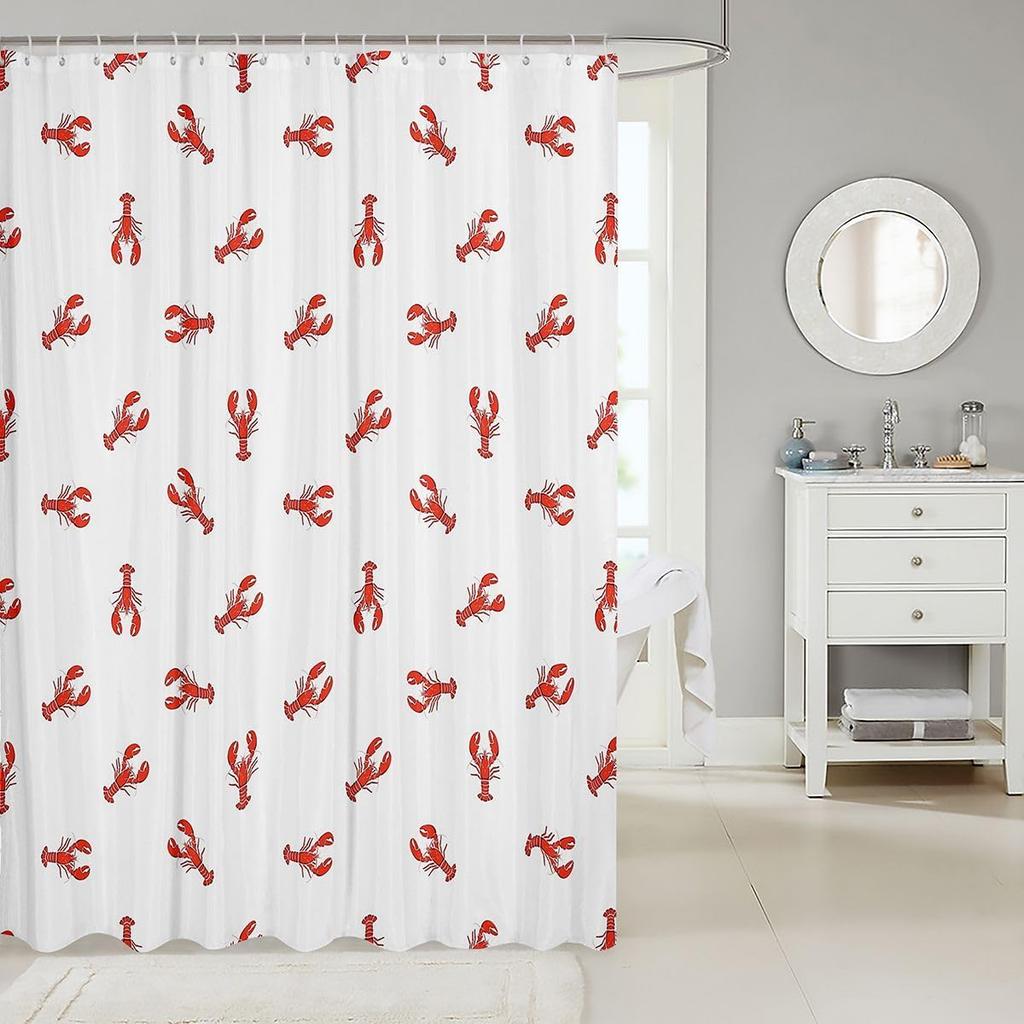 Red Lobster Print Waterproof Shower Curtain 180X180Cm - Nautical Seafood Theme Bath Curtain For Kids & Coastal Decor