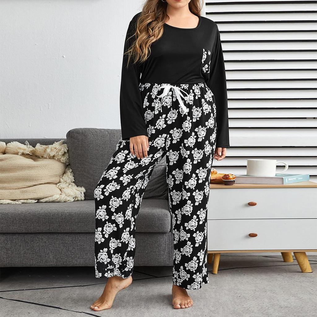 European and American large-size pajamas for women's autumn and winter 50kg fat mm loose long-sleeved trousers loungewear two-piece set