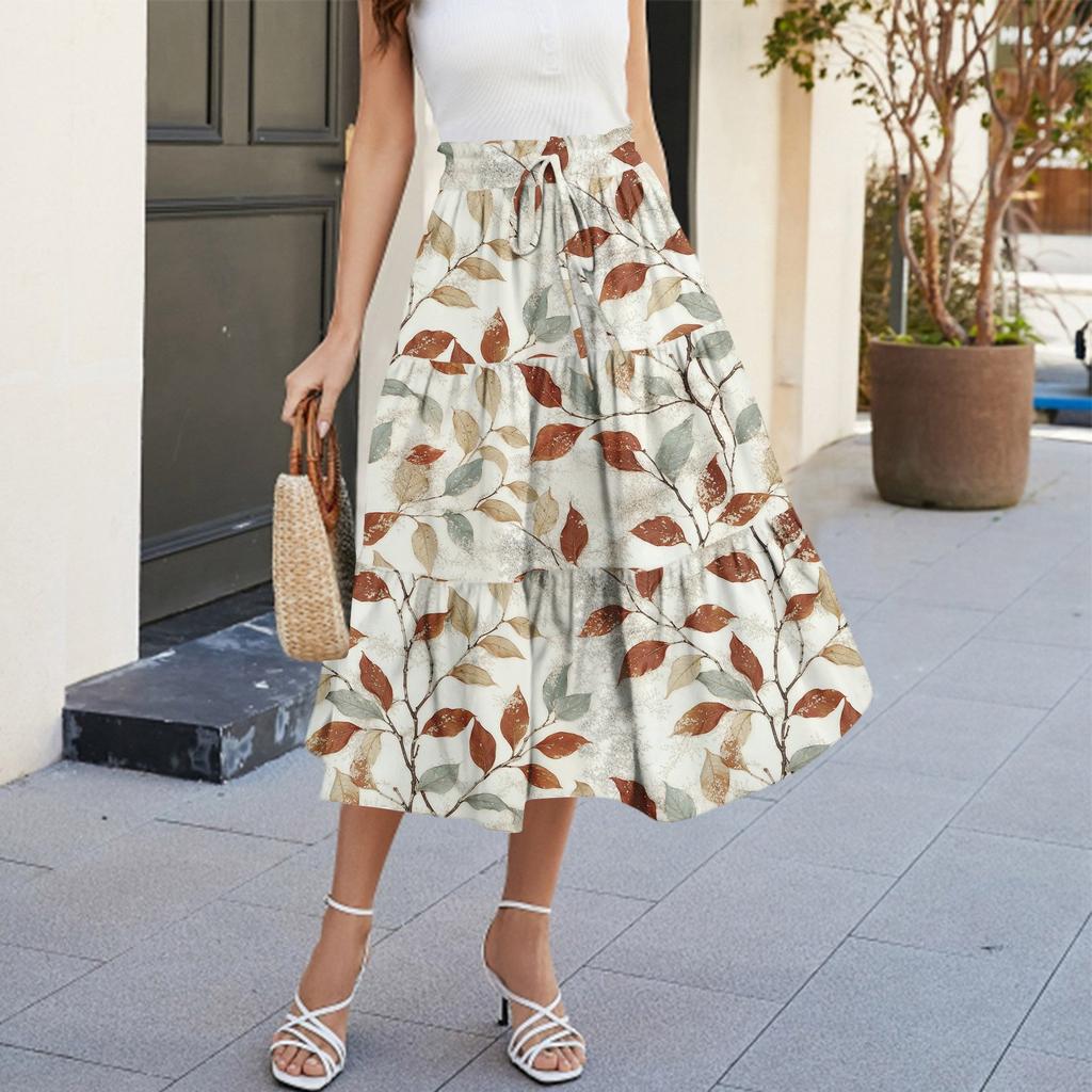 Womens Maxi Skirt Drawstring High Waisted Summer Long Skirts Lightweight Tiered Flowy Floral Pleated Skirts