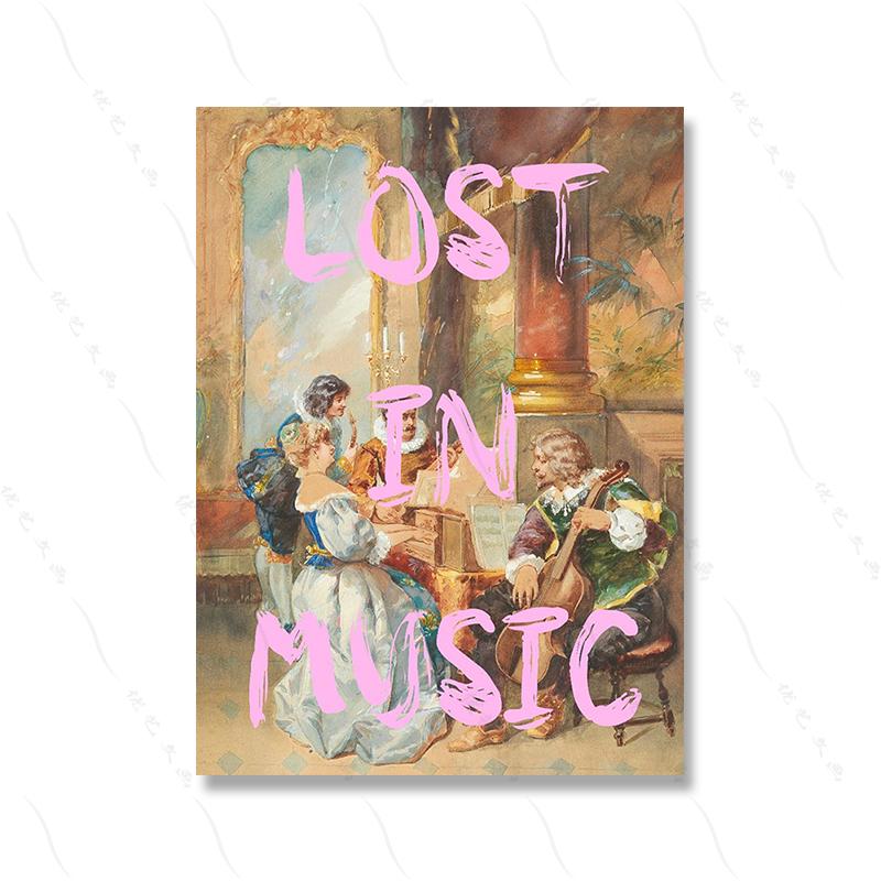 Lost In Music Vintage Female Art Portrait Musician Funny Lady Quote Poster Retro Woman Canvas Painting Lucky Room Home Decor