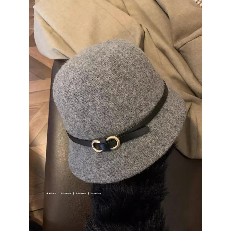 

Belt Buckle Wool Hat Women s Autumn and Winter Simple Japanese Style Small Brim Hat Fisherman Hat Showing Face Small Dome Basin Hat One Size