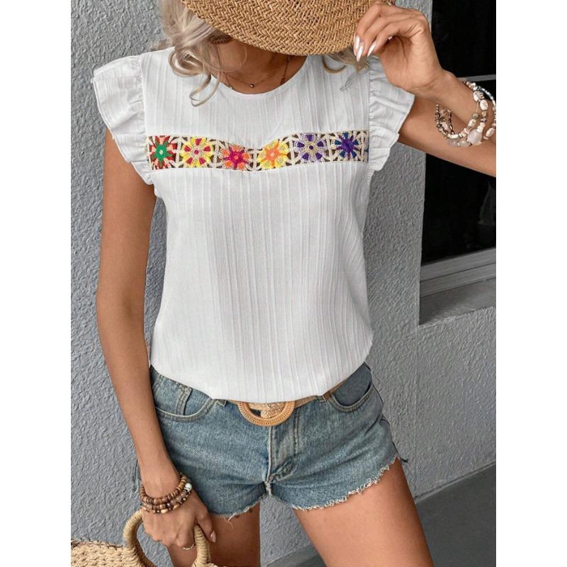 Frühlings- und Sommerhäkel-Hollow-out-Kurzarm-Damenblusen & -hemden