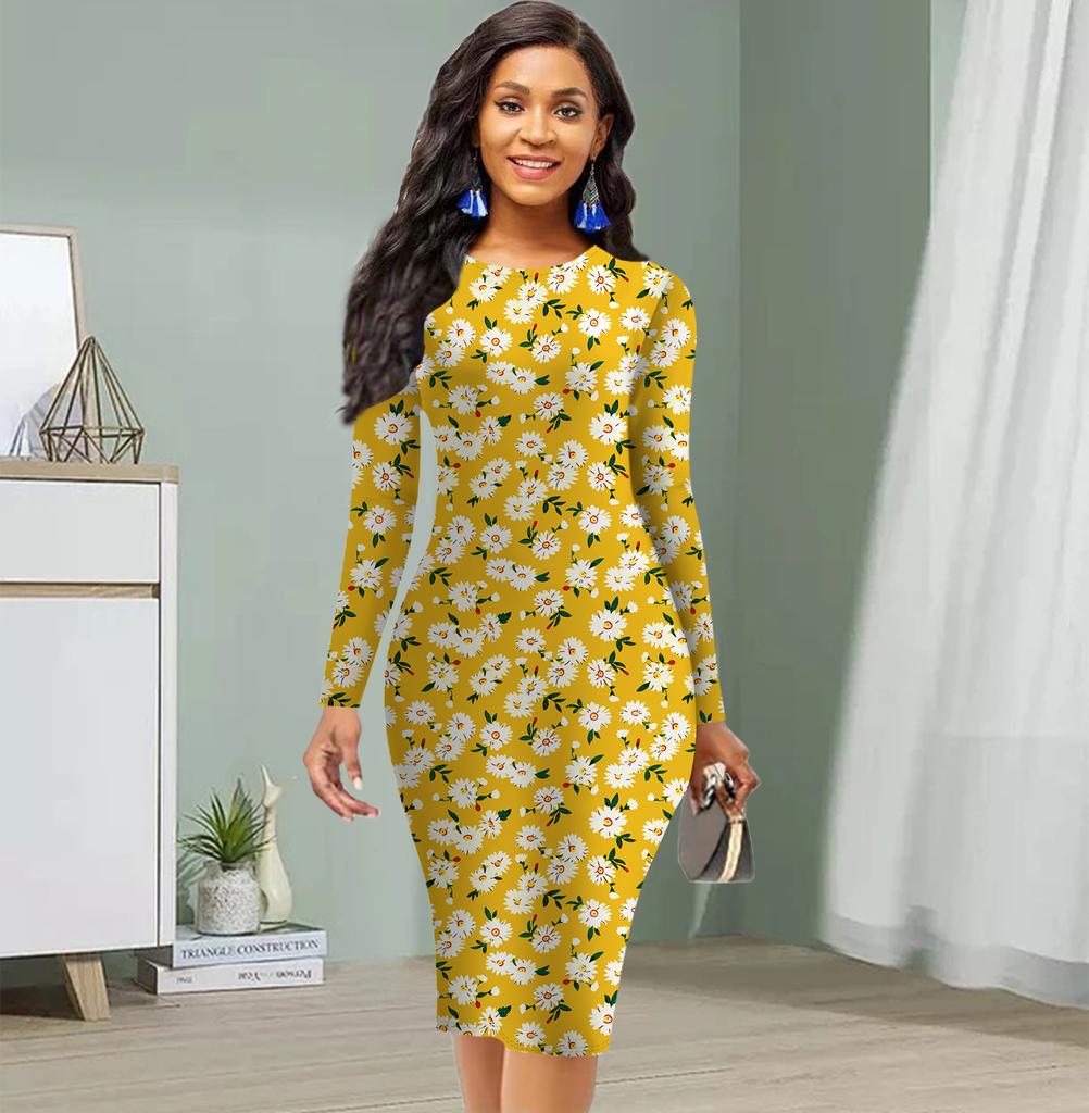 Langarm Taille Eng Büro Slim Fit Leopardenmuster Druck Elegantes Bodycon Kleid