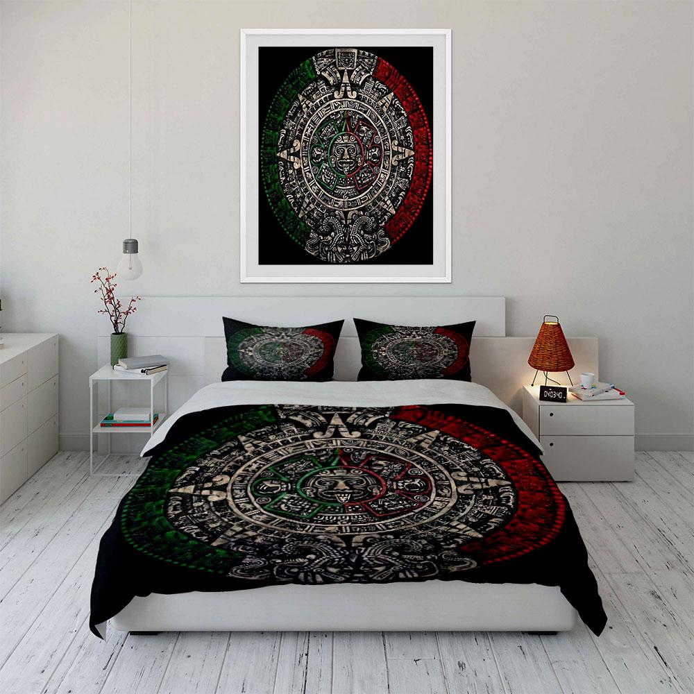 Aztec Calendar Decor Set Bedding Set with 1 Duvet Cover 2 Pillowcases Single Double King Queen, Gift