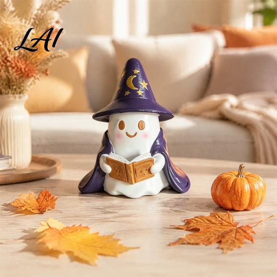 Whimsical Ghost Sculpture Lighted Figurine Resin Wizard Statue with LED Light Cute Indoor Halloween Accessories Reading Book Night Light for