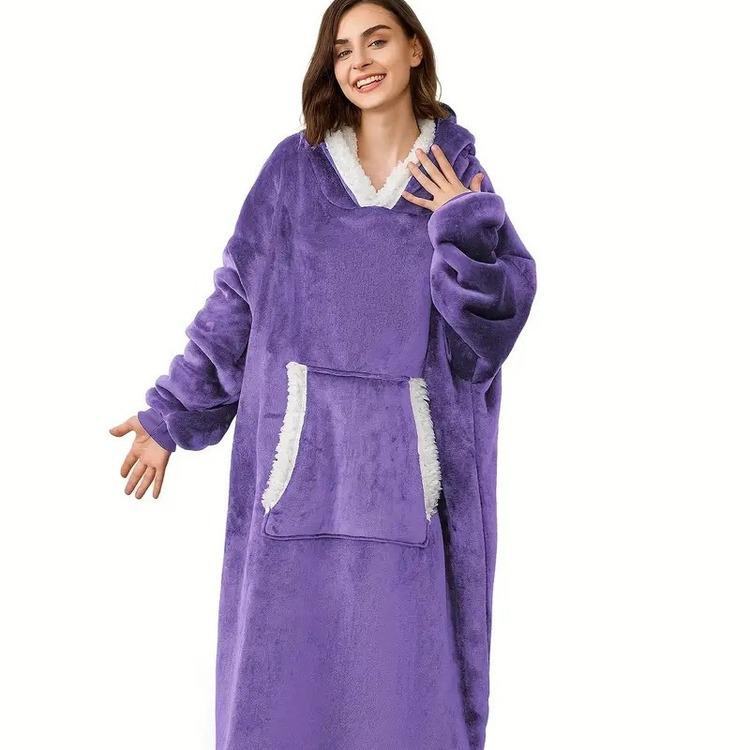 Halat Pătură cu Glugă de Flanel Extra Lung pentru Femei cu Buzunare Verticale