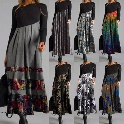 Women Fashion Long Sleeve Causal Printed Plus Size Dress Party Evening Long Dresses for Ladies