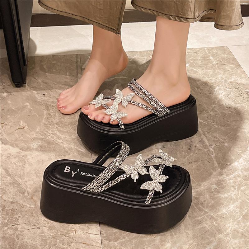 Daily versatile design sense muffin thick-bottomed rhinestone slippers summer new butterfly slippers
