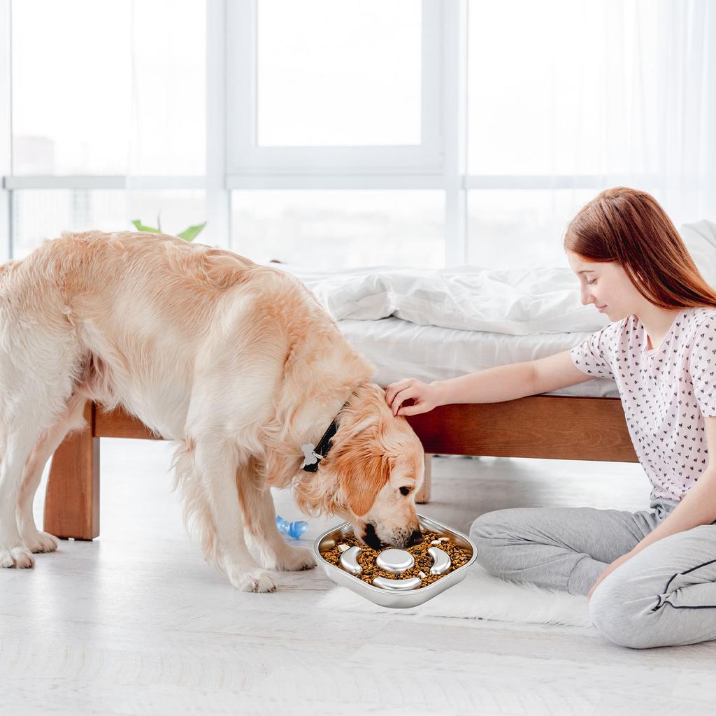 Slow Feeder Dog Bowl 304 Stainless Steel Non Slip Prevent Overflow Tipping Metal Pet Food Bowl