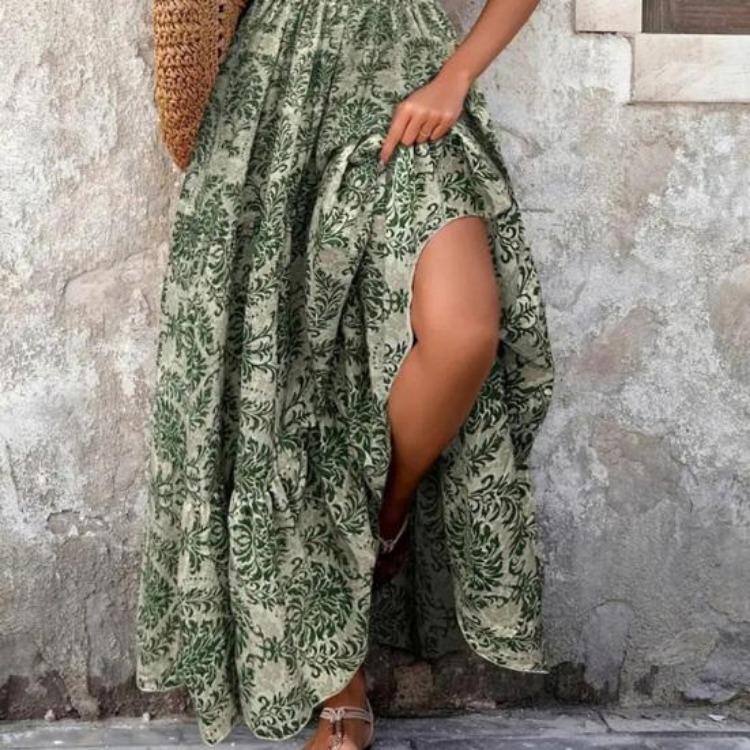 Letní boho maxi šaty s květinovým potiskem, výstřih do V, krátký rukáv, stahovací pas, áčková sukně, sluneční šaty pro ženy