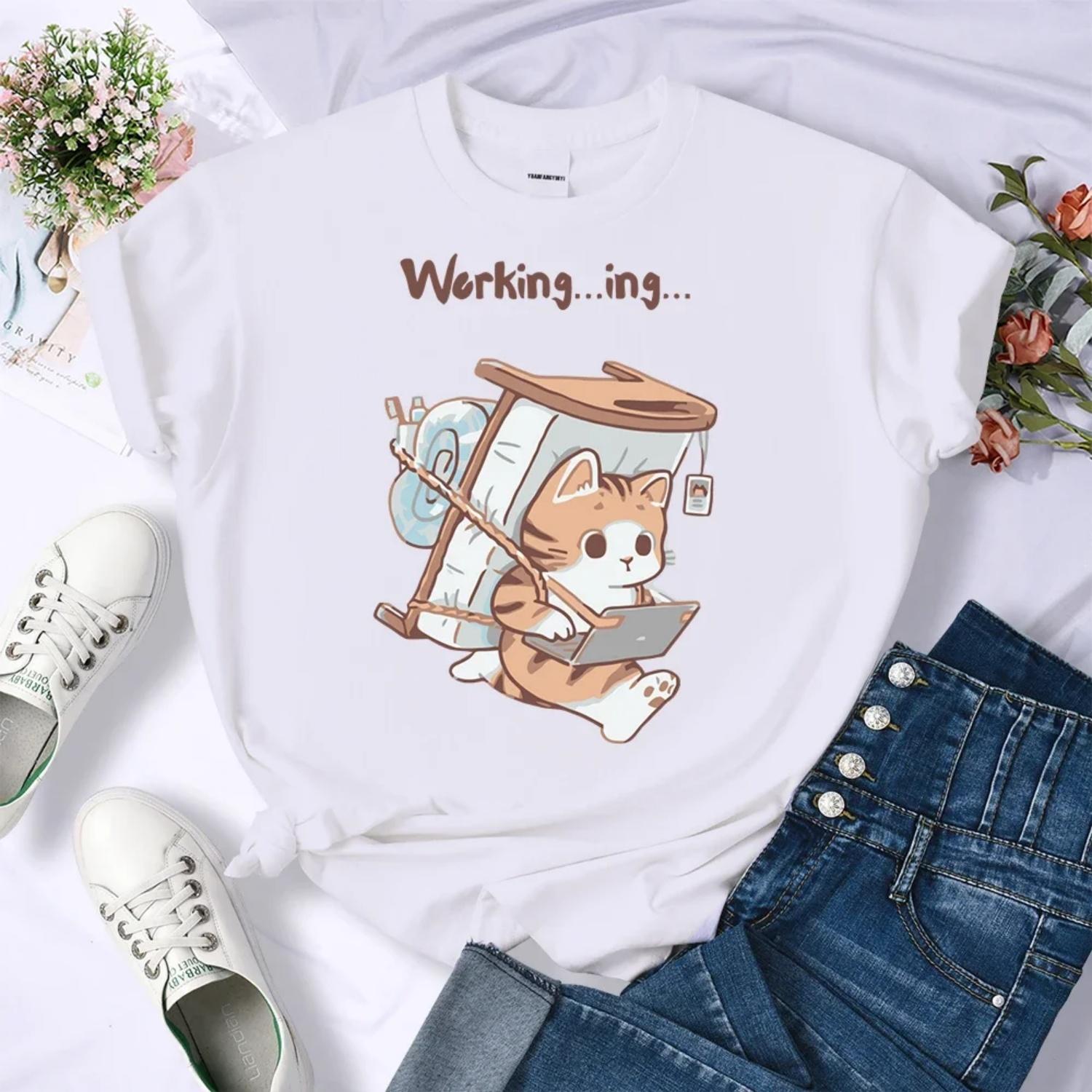 A Sick Cat That Never Forgets To Work Print Women T-Shirt Summer Casual T Shirts Hip Hop All-Match Top Comfortable Clothes S