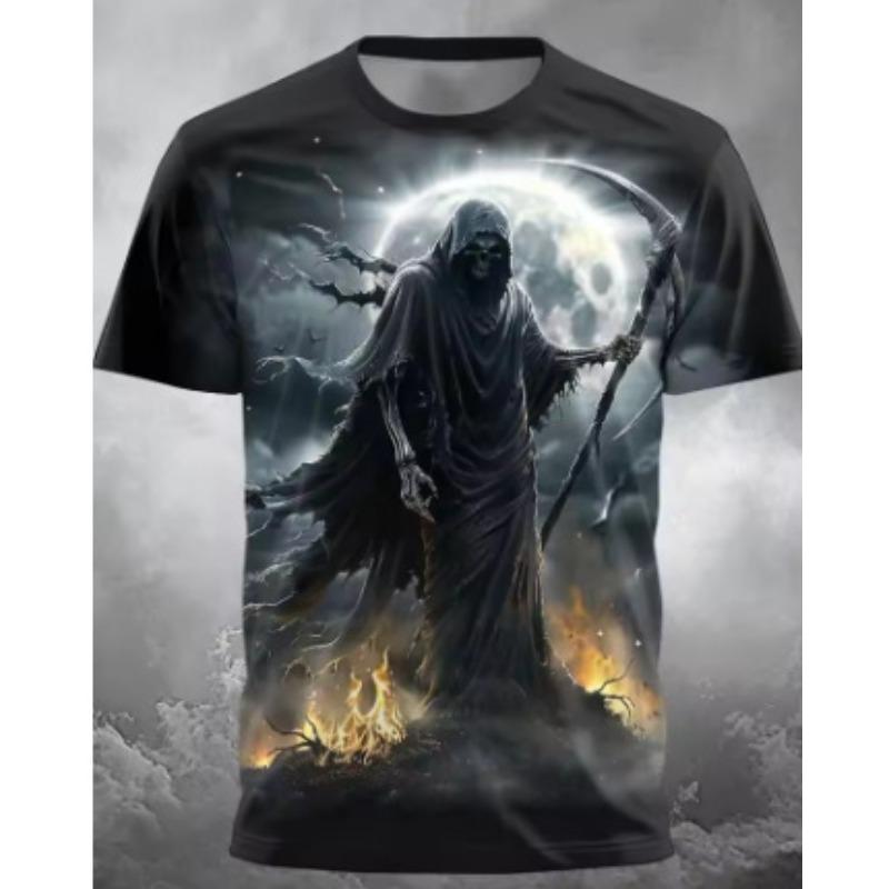 Summer Round Neck 3D Grim Reaper Skull Print Top Fashionable Casual Short Sleeved Men's T-shirts