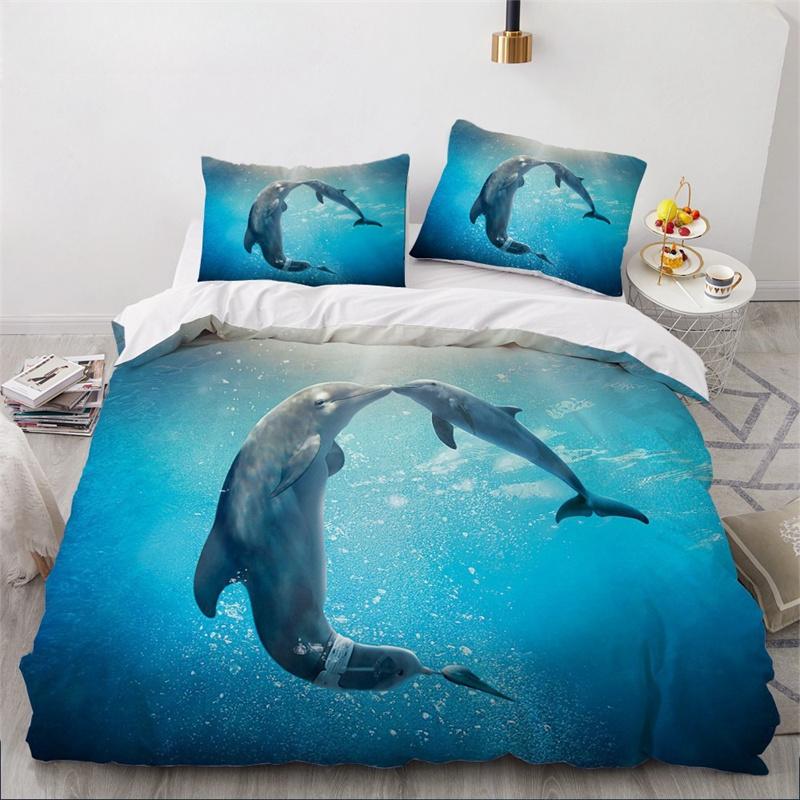 Dolphin Ocean King Queen Duvet Cover Cute 3D Sea Animal Bedding Set for Kids Teens Adults Shoal of Fish Blue 2/3pcs Quilt Cover