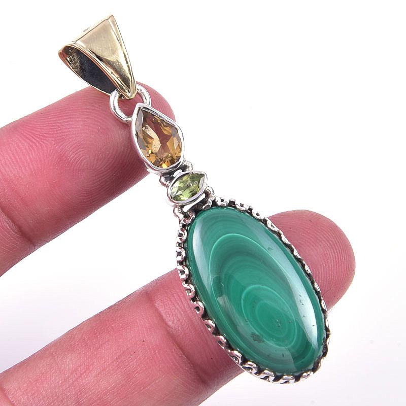 

Natural Malachite,Citrine Gemstone 925 Solid Sterling Silver Pendant 2.25 J3Z76
