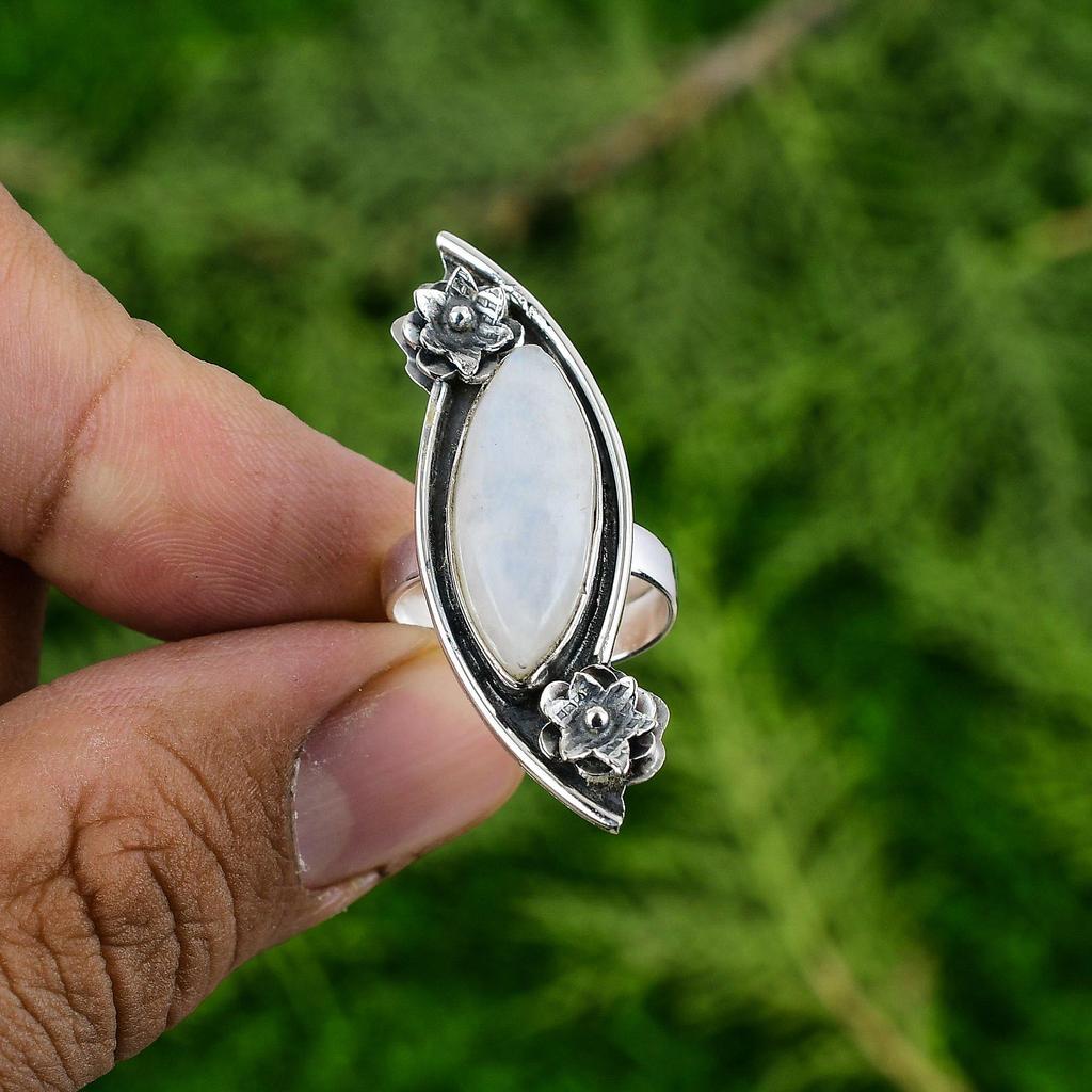 Sterling Silver Rainbow Moonstone Stone Flower Sister New Solitaire Ring Jewelry