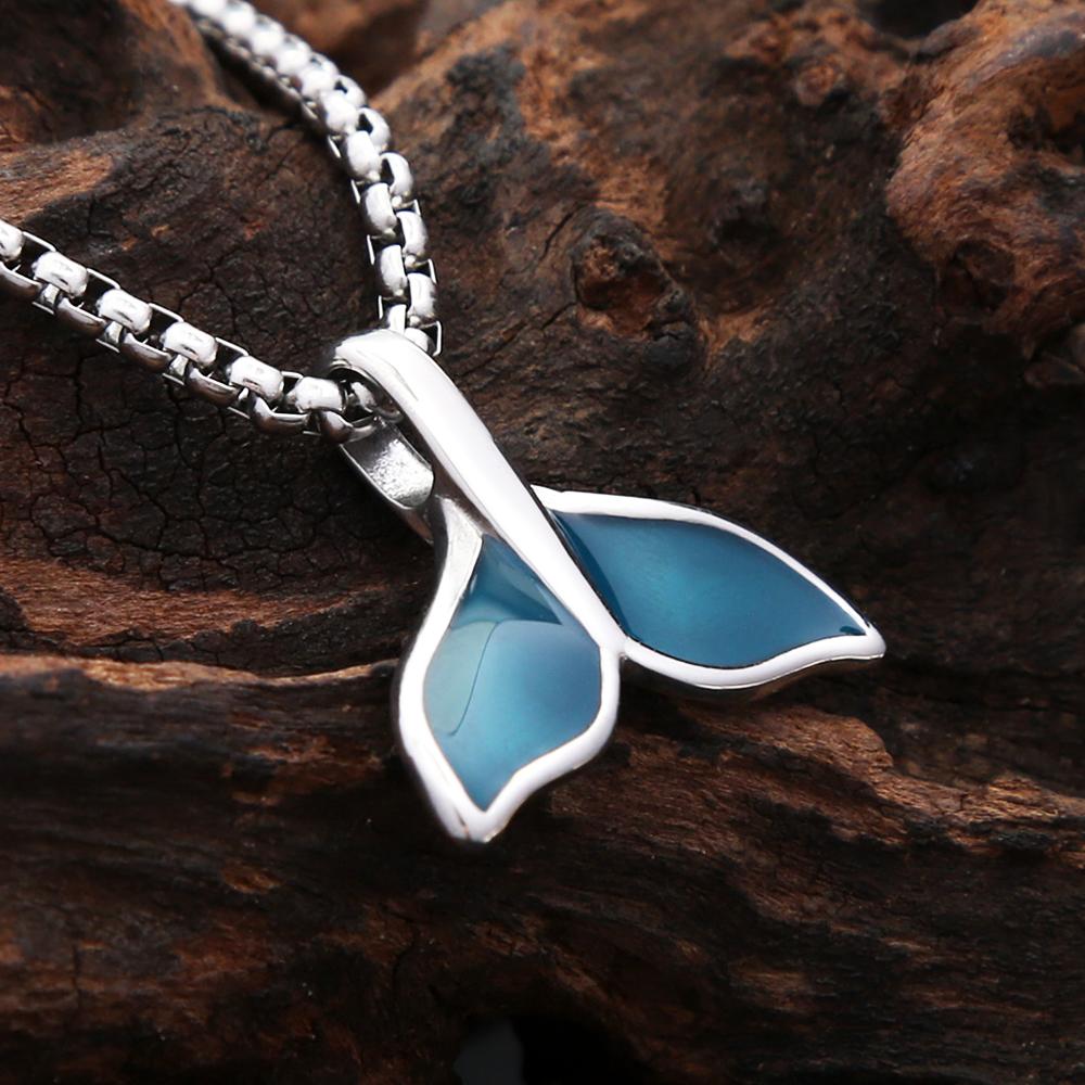 New Simple Blue Whale Fish Tail Pendant Necklace for Men Women Stainless Steel Long Chain Choker Necklace Fashion Jewelry Gifts