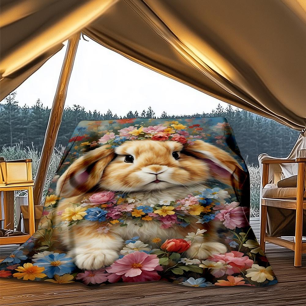 1pc Floral Bunny Ears Outdoor Flannel Blanket , Machine Washable Perfect Gift for Birthday , Holiday Travel Accessory , Durable Material