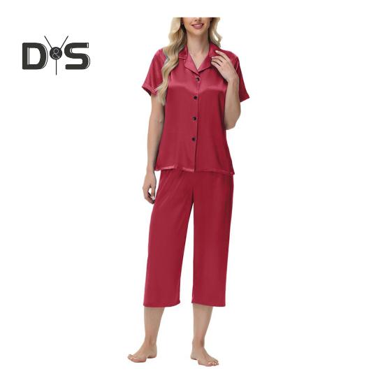 2-teiliges Set aus Seidenpyjama mit Revers und Button-Down-Langarmhemd, elastischer Bund, weites Bein, verkürzte Hose, Homewear, lässiges Outfit, Frühlingsnachtwäsche