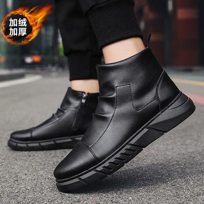 Autumn and Winter New Martin Boots Men's Black High-top Boots Velvet Warm British Style Leather Shoes Youth Trend Men's Shoes