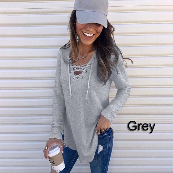 

Жіночі повсякденні однотонні топи з довгим рукавом і пов’язкою, осінньо-зимова модна вільна блузка S сірий