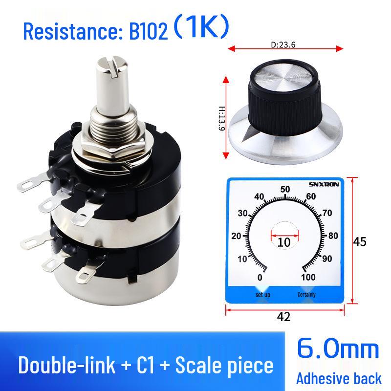 Dual-Gang Carbon Film Potentiometer: RV24YG20S, Variable Frequency Speed Control with B102/202/502 Knob Scale, Available In 5K/20K Ohm.