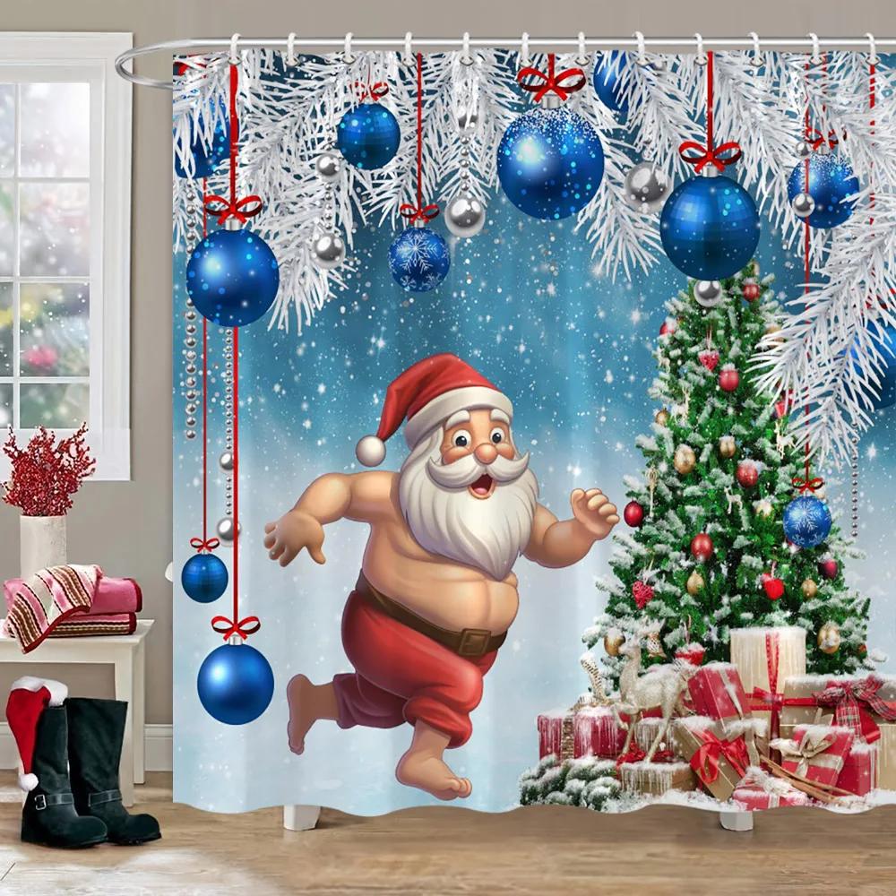 Christmas Theme Shower Curtain Winter Snow Christmas Tree Deer Rustic Wooden Panel Fabric Washable Shower Curtain Bathroom Decor
