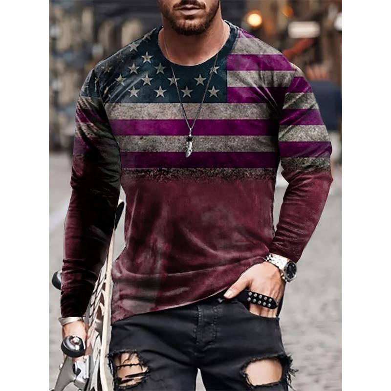 Herbst Alltags Casual Herren Langarm Street Fashion Herren Langarm T-Shirt Vintage Herrenbekleidung 3D Flagge Print Kleidung