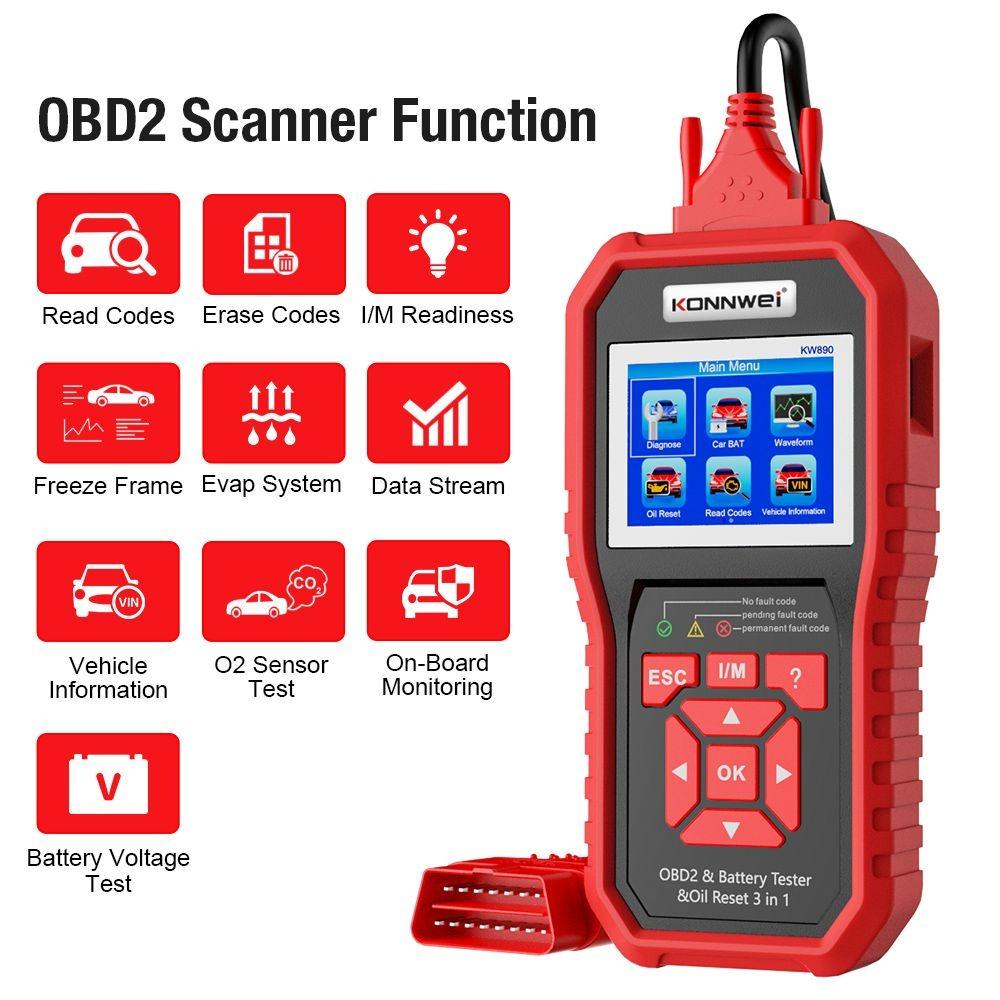 KONNWEI KW890 Öl-Reset-Batterietester OBD2-Diagnosescanner-Tool 3-in-1 EOBD-Motorprüfcodeleser-Diagnosetool