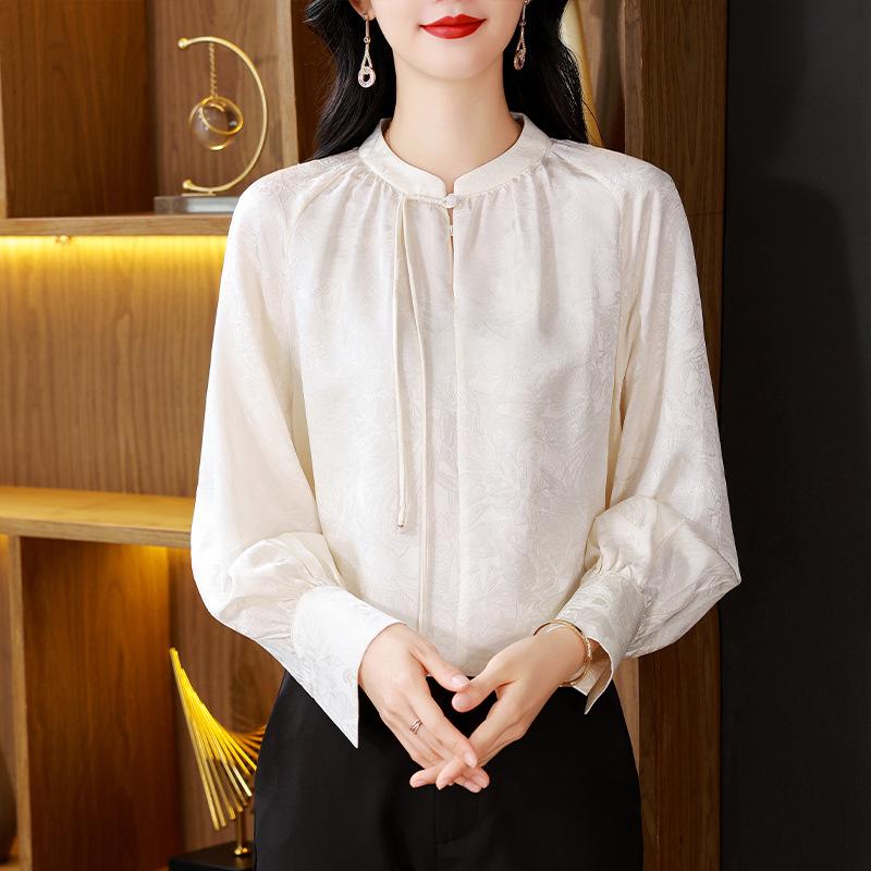 

New Style Women s Long Sleeve Stand Collar Mulberry Silk Shirt - Early Autumn Design Extra Large белый