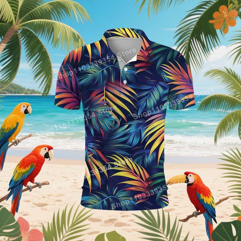 Hawaiian Beach Coconut Trees Polo Shirt For Men Summer 3D Print Leaves Short Sleeve Golf Polo Shirts Street T Shirt Tops