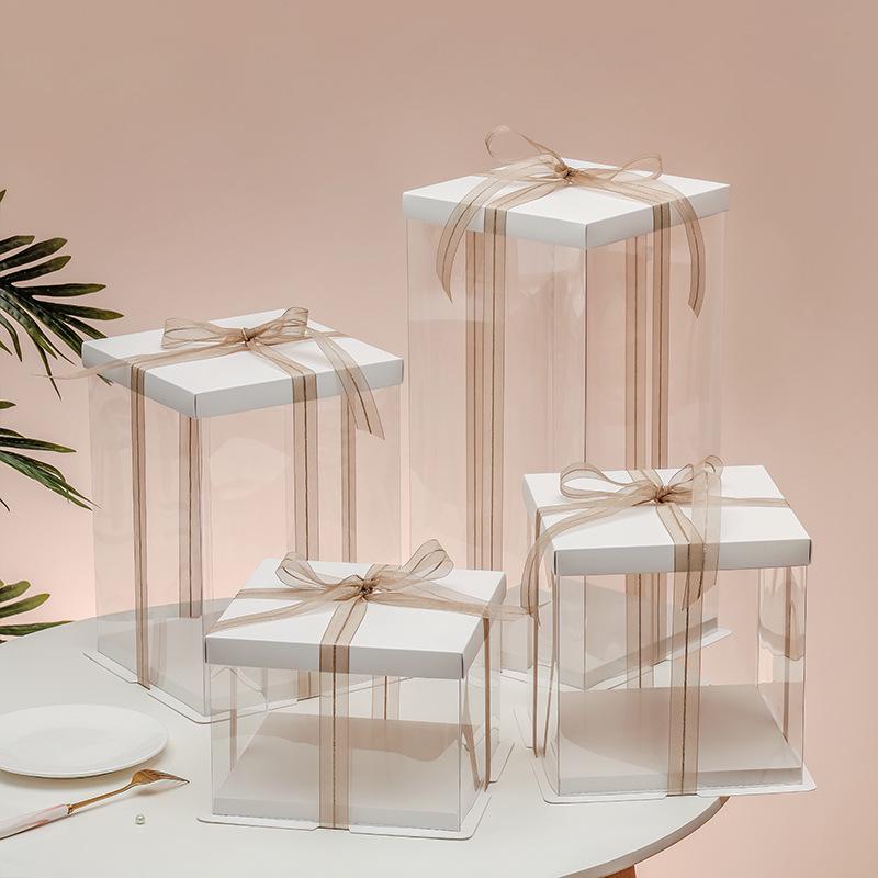 Exquisite Transparent Square Cake Box with Heightened Lid for Birthdays & Gifts - Fluid Bear Design