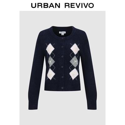 UR2026 Women's Argyle Bow Knit Cardigan