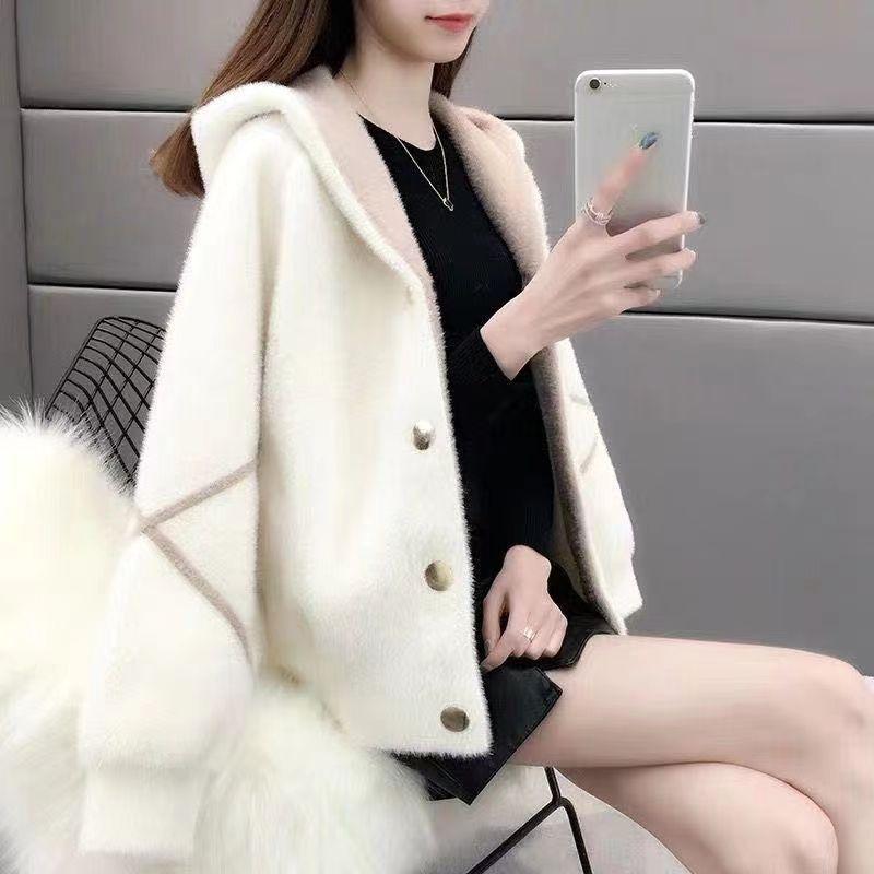 Mink Jacket Women's Autumn and Winter Loose Plus Size Thickened Knitted Hooded Cardigan