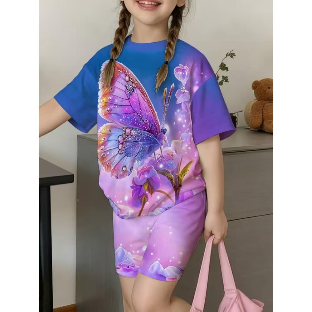 2-Piece Summer Children's Comfortable Cute Butterfly 3D Print Short Sleeve Shorts Set for Boys and Girls Casual Home Outdoor Set