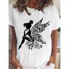 European Size Women's Black White Fairy Floral Print T-Shirt - Casual Short Sleeve Crew Neck Top, Breathable Machine-Washable