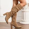 Slimming Women's Plus Size Suede Long Boots with Zipper - Solid Color, Small Square Toe for Autumn & Winter