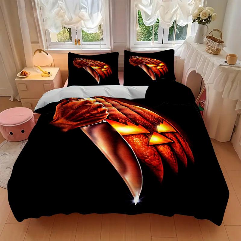 Pumpkin Carving Halloween Horror Bedding Set  Comforter Cover Gift for Bedroom,Includes 1 Cover and 2 Pillowcases, No InsertB256