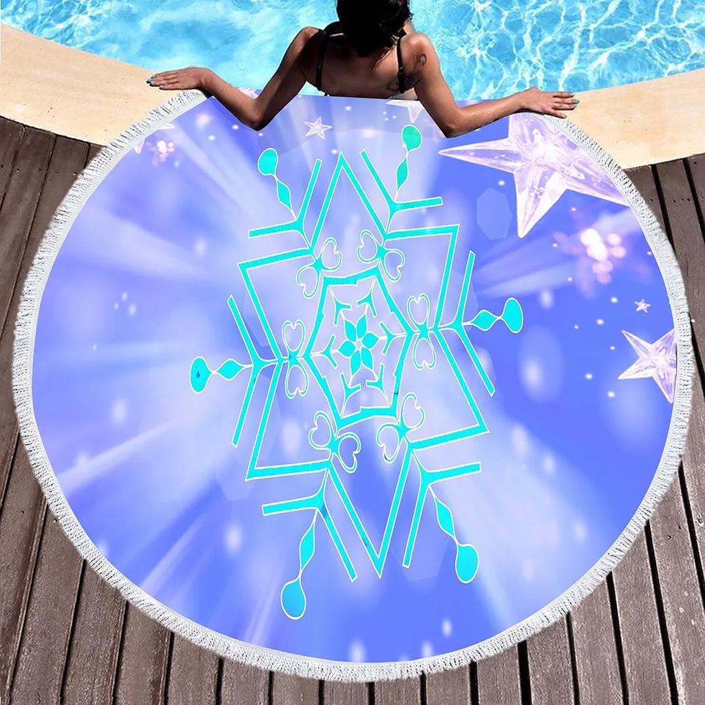 Winter Snowflake Round Beach Towel,Natural Theme White Snowflake Beach Blanket,Quick Dry Towel For Pool Travel Yoga Picnic Sport