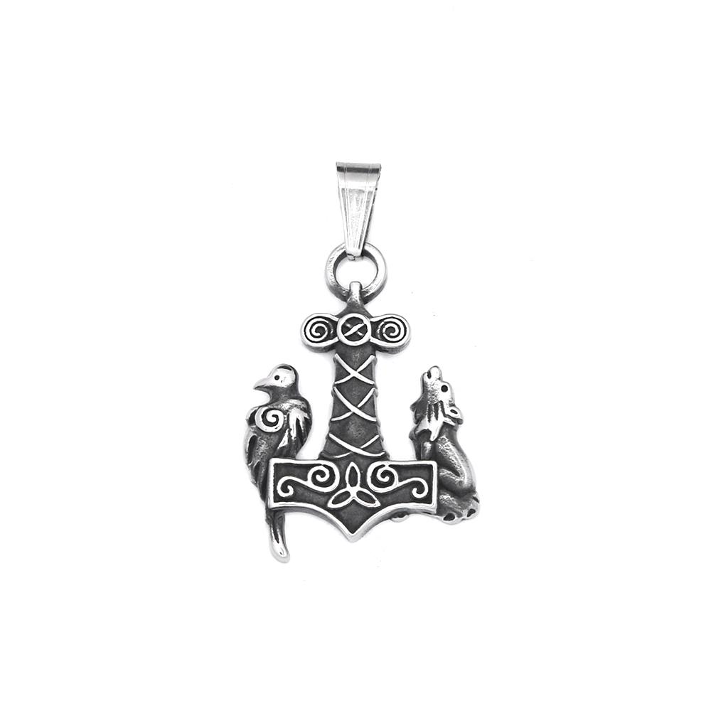 Vintage  Viking Thors Hammer Pendant With Wolf And Raven Necklace For Men Stainless Steel Nordic Amulet Jewelry