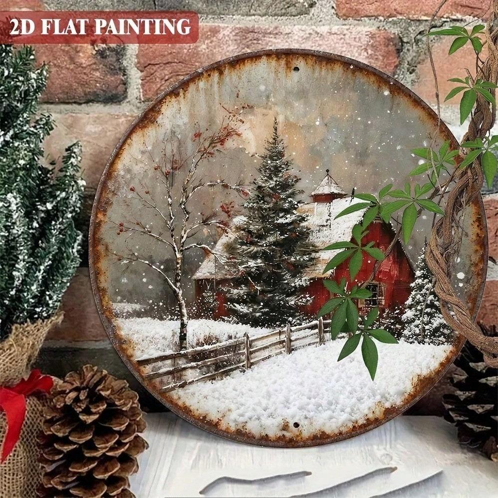 Vintage Red Barn Winter Landscape Metal Round Wall Sign, Rustic Snowy Farmhouse Christmas Art, 8 Inch Aluminum Hanging Decor