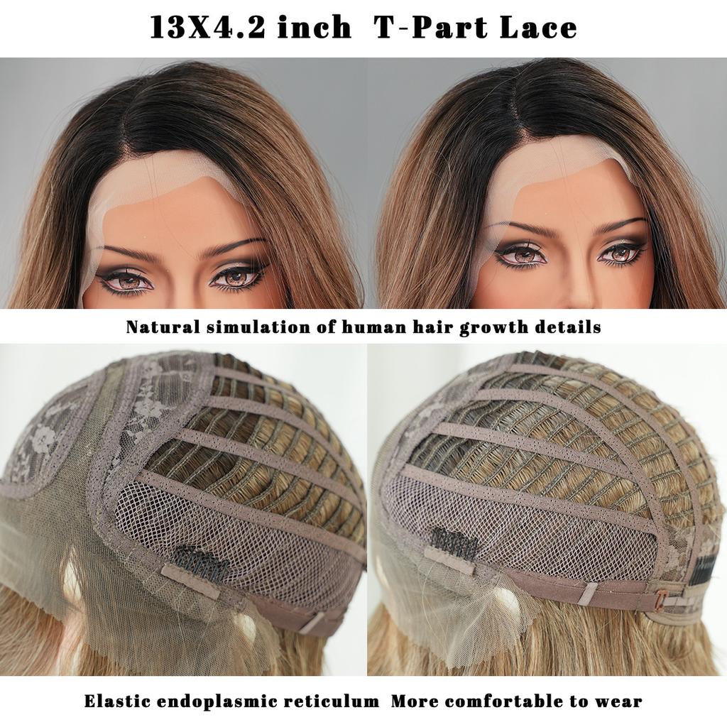 T-Part Lace Wigs Mocha Brown Highlighting Waves Side Points Lace Wigs Full Headgear